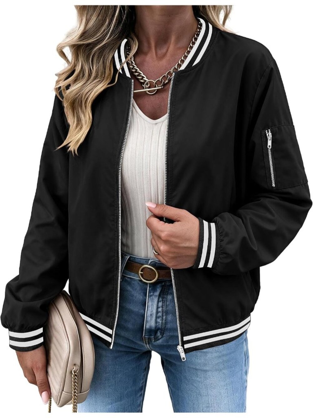 Women's Black Stripes 100% Polyester Zip Up Utility Pocket Spring Bomber Jacket